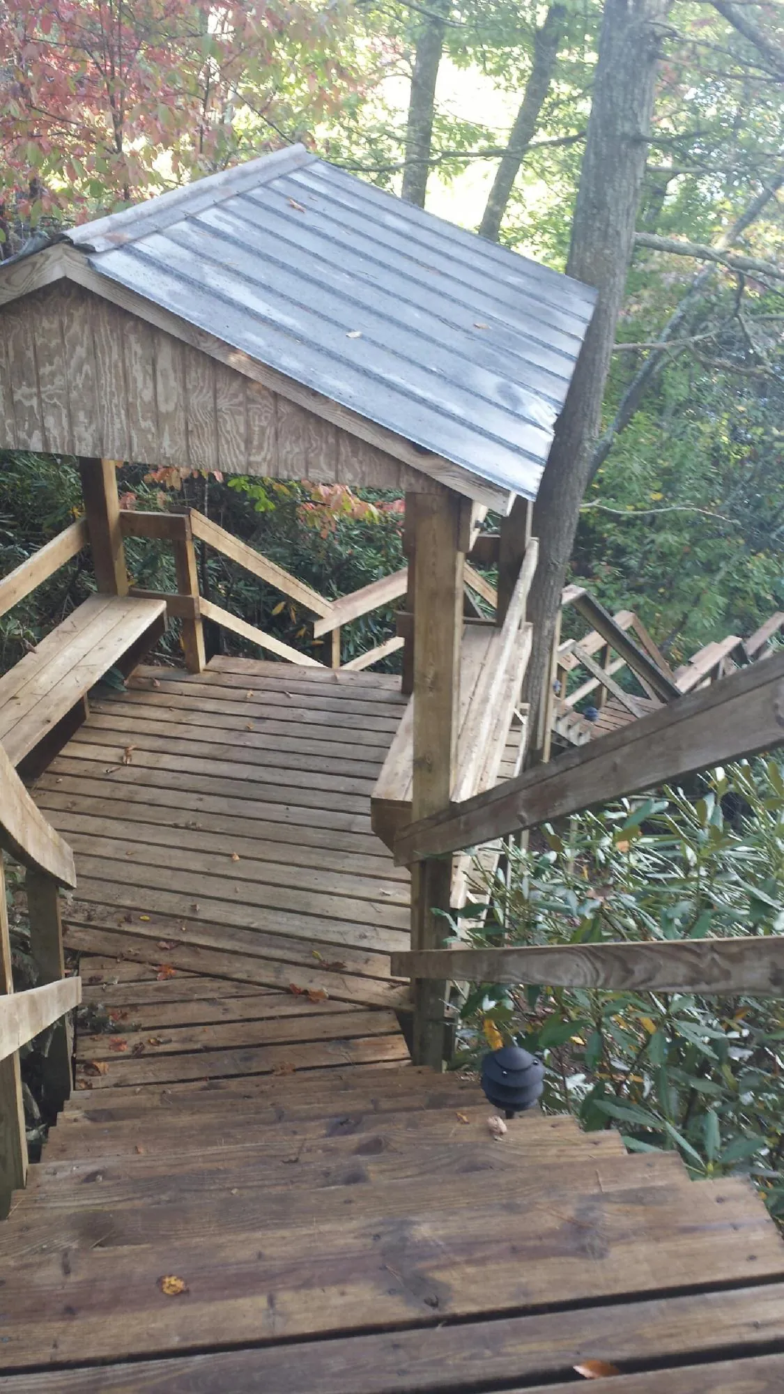 Metal roofed shelter over wooden steps on a wooded walkway — Skylight Repair & Installation work by our crew in Manzanola